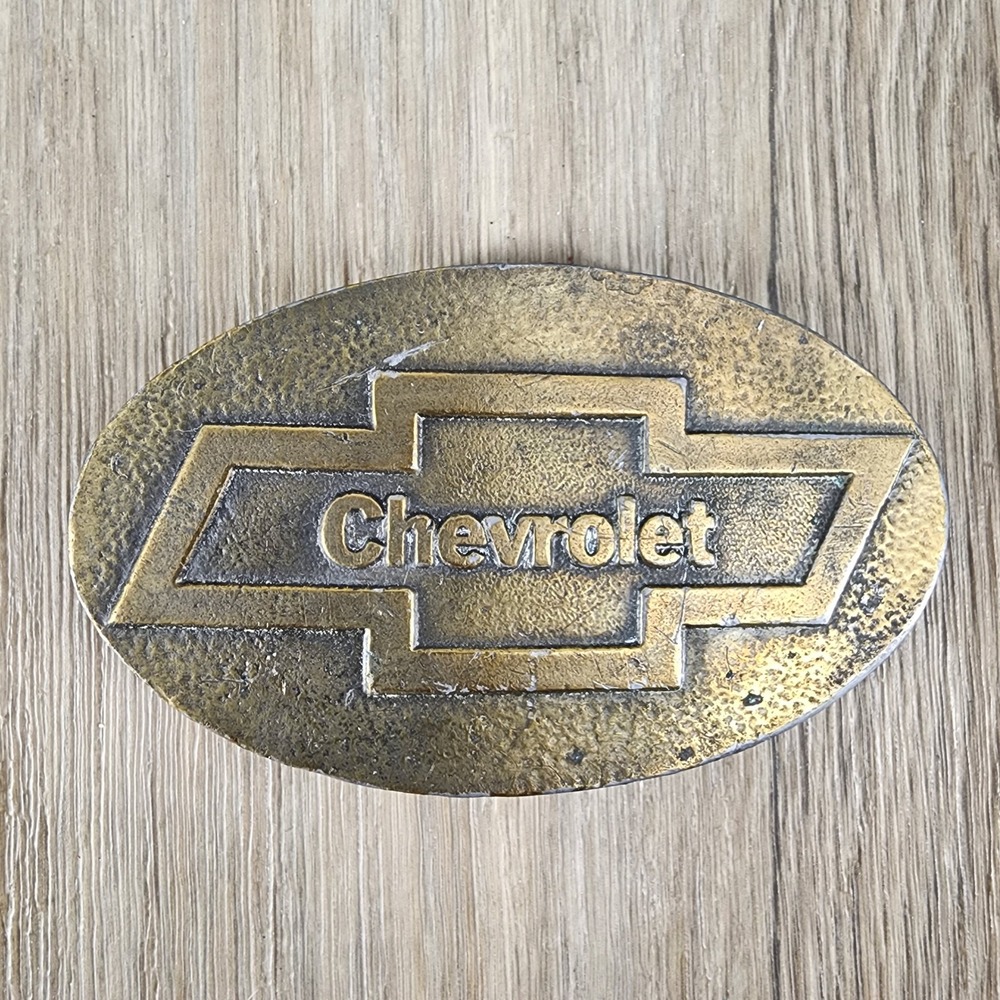 Vintage Chevrolet Bowtie Logo Belt Buckle Brass Tone Oval Chevy USA